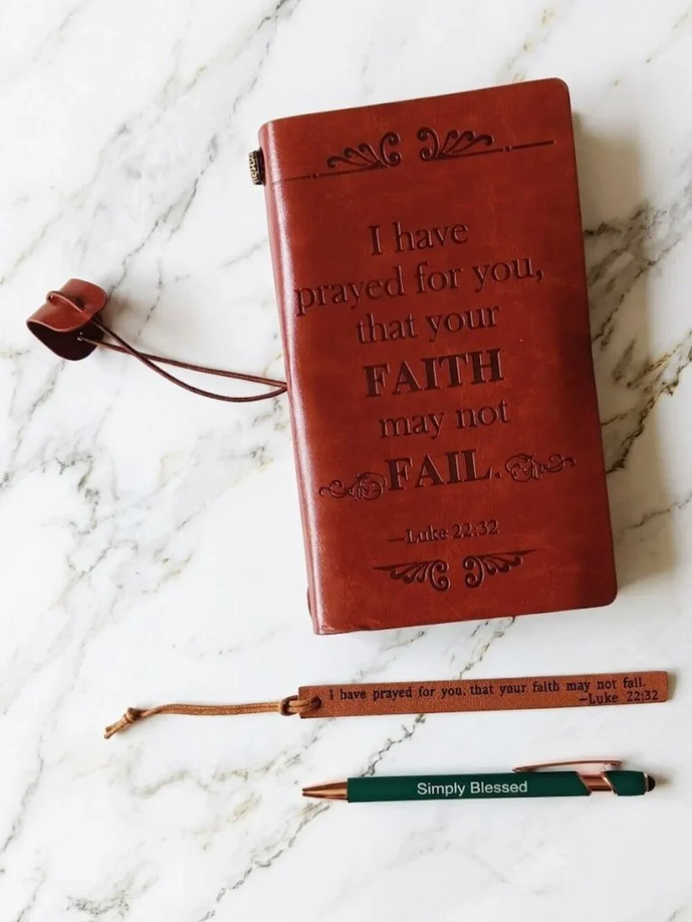Brown Embossed Leather Journal with Pen Bookmark - Luke 22:32
